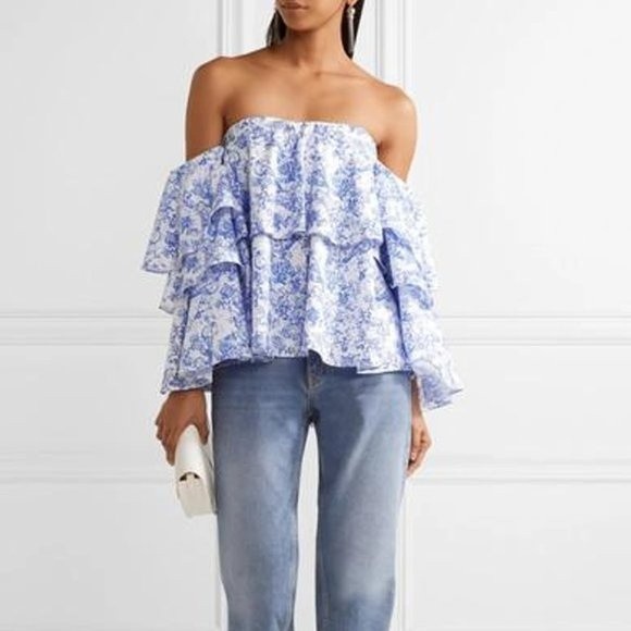 Caroline Constas Carmen Off-the-Shoulder Bird Printed Blouse Blue/White Medium - Picture 1 of 10